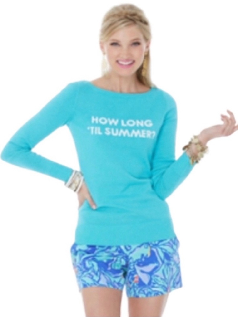 Lilly Pulitzer Turquoise Pullover HOW LONG TIL SUMMER Crewneck size medium euc
